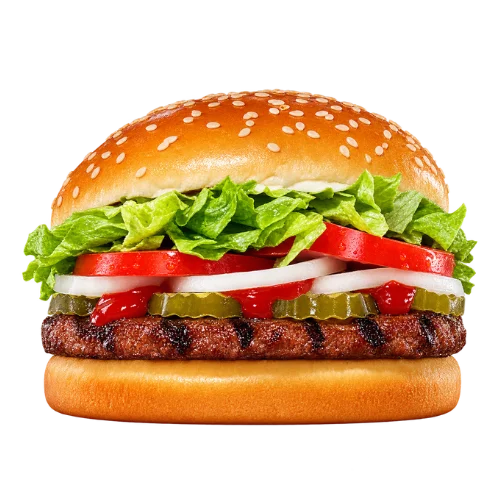 Impossible Whopper with a plant-based patty, lettuce, tomato, onion, pickles, and mayo