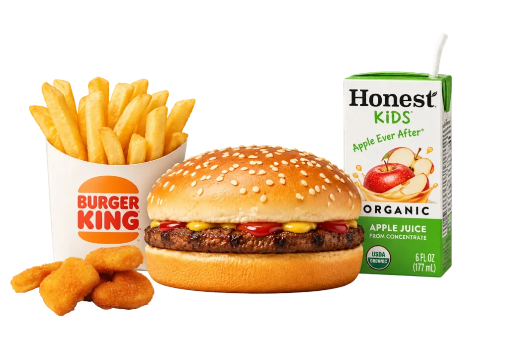 Burger King Kids Meal with a hamburger, fries, chicken nuggets, and an Honest Kids organic apple juice box.