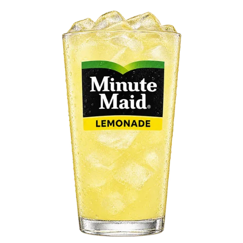 Glass of Minute Maid lemonade with ice, pale yellow and refreshing