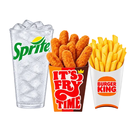 Mozzarella Fries meal in an "It's Fry Time" box with regular fries and a Sprite