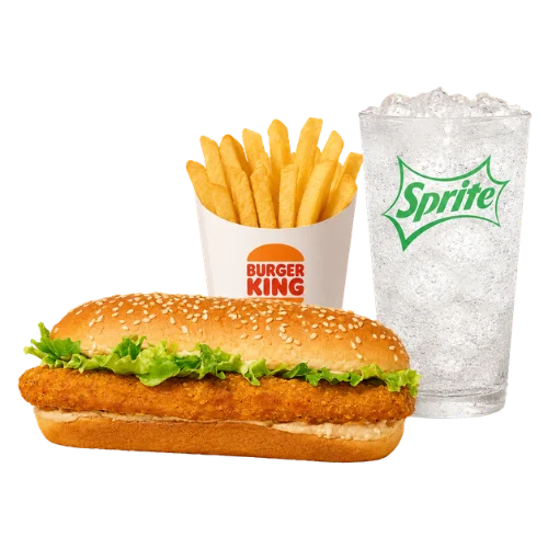 Original Chicken Sandwich meal on a long sesame bun with fries and a Sprite, a classic Burger King lunch menu item