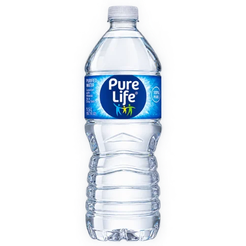 Pure Life purified water in a clear plastic bottle with a blue label