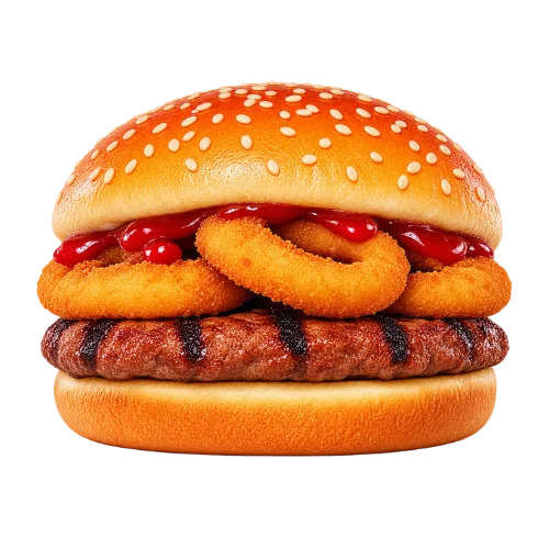 Rodeo Burger with crispy onion rings and red sauce on a flame-grilled beef patty