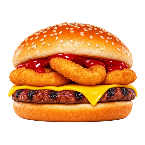 Rodeo Cheeseburger topped with onion rings, melted cheese, and sauce over a beef patty