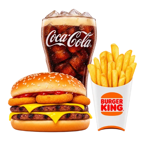 Rodeo Double Cheeseburger meal topped with onion rings, served with fries and Coca-Cola