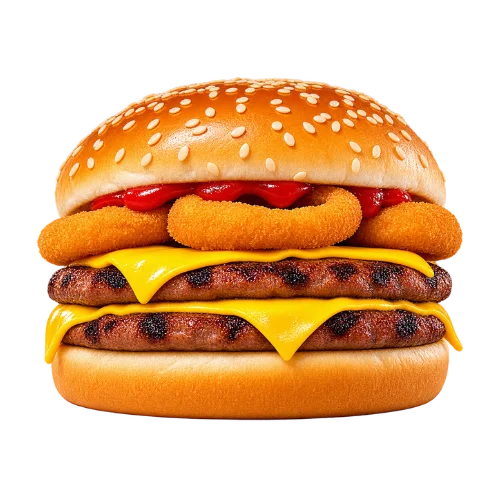 Rodeo Double Cheeseburger with two patties, melted cheese, onion rings, and sauce