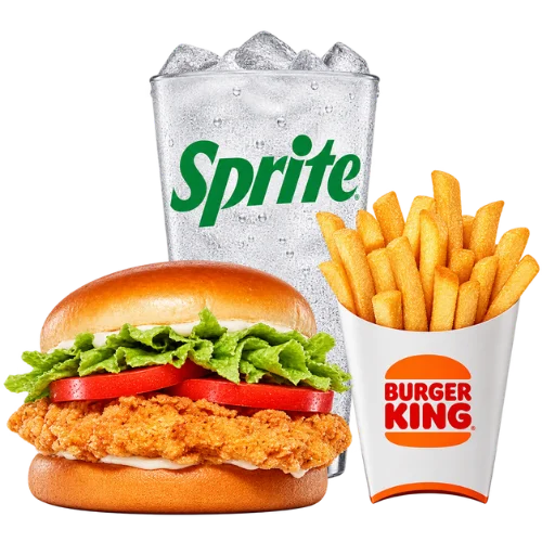 Royal Crispy Chicken sandwich meal with lettuce, tomato, fries, and a Sprite