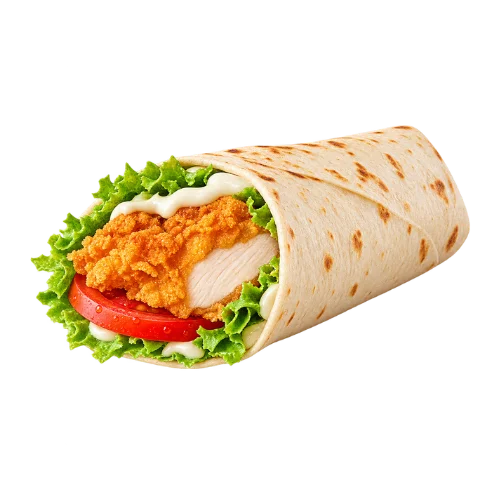 Royal Crispy Wrap with crispy chicken, lettuce, tomato, and sauce in a soft tortilla