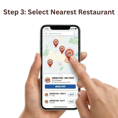Step 3: Phone map in the Burger King app with nearby restaurant pins and an Order Here button