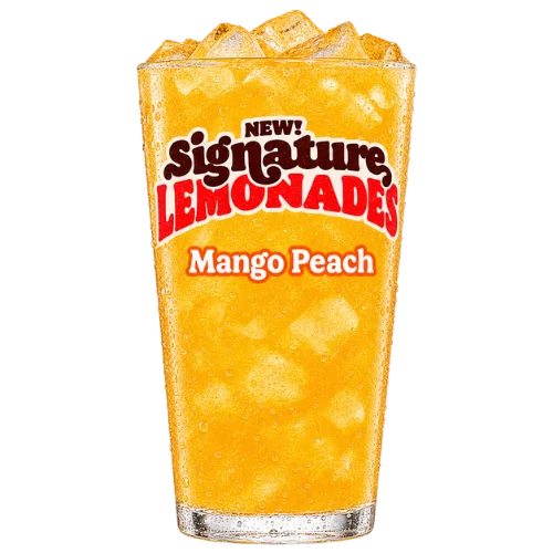 Signature Mango Peach Lemonade in a glass with ice, golden orange in color