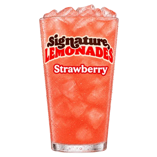 Signature Strawberry Lemonade in a glass with ice, pinkish red in color