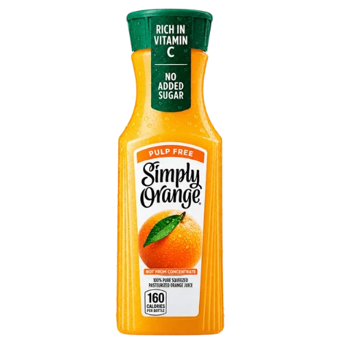 Simply Orange pulp-free orange juice in a bottle with a green cap