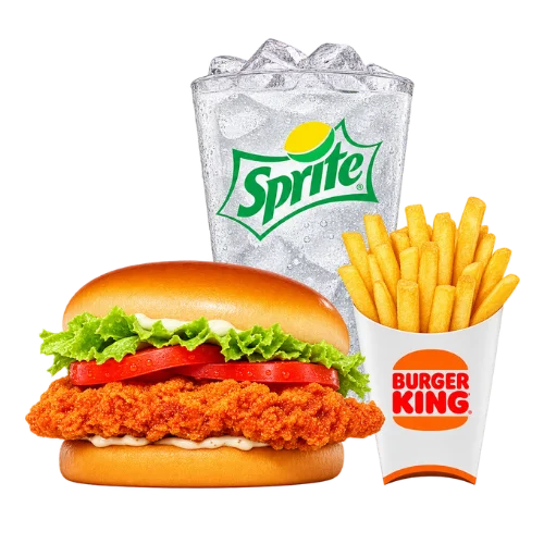 Spicy Royal Crispy Chicken sandwich meal with fries and a Sprite