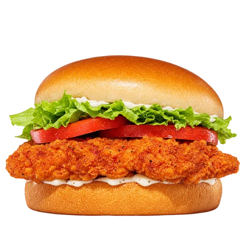 Spicy Royal Crispy Chicken sandwich with a red-orange crispy fillet, pickles, and lettuce