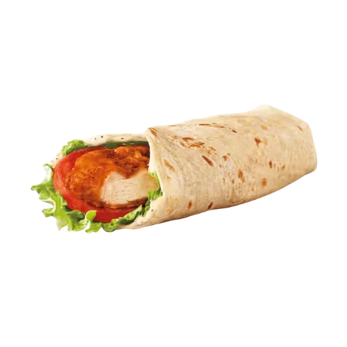 Spicy Royal Crispy Wrap with spicy breaded chicken, lettuce, and tomato in a folded tortilla