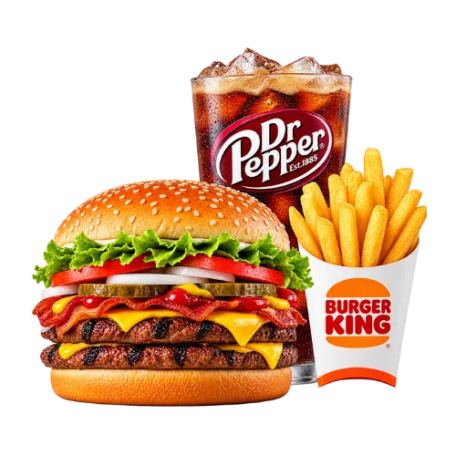 Texas Double Whopper meal with bacon and melted cheese, served with fries and Dr Pepper