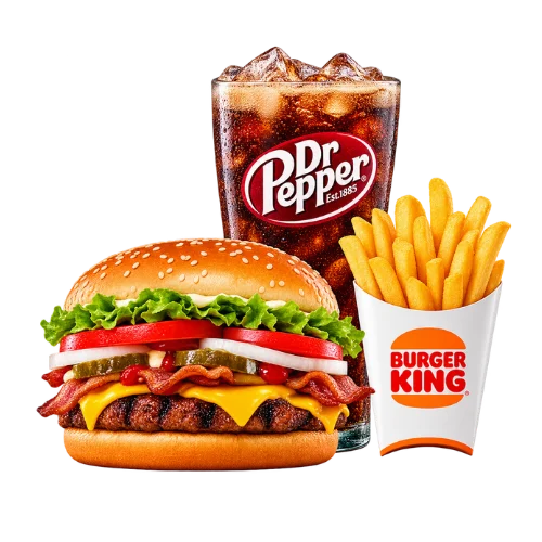 Texas Whopper meal with crispy bacon, cheese, fries, and a Dr Pepper