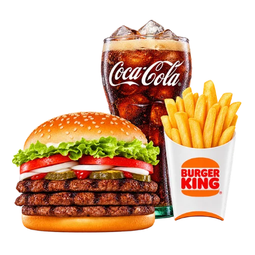 Triple Whopper meal with three beef patties, fries, and Coca-Cola from the Burger King lunch menu
