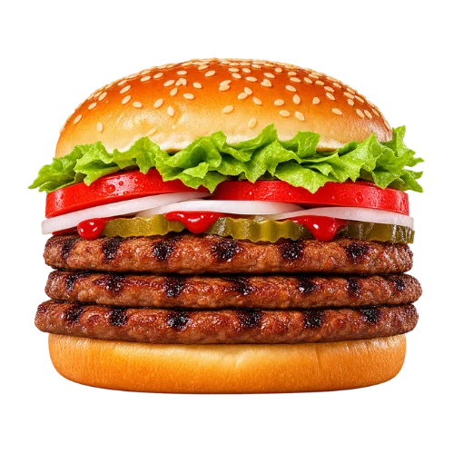 Triple Whopper with three flame-grilled patties, lettuce, tomato, onion, and pickles