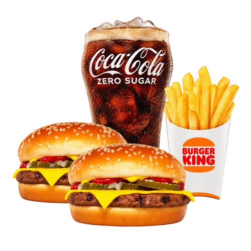 Two cheeseburgers meal with fries and a Coca-Cola Zero Sugar