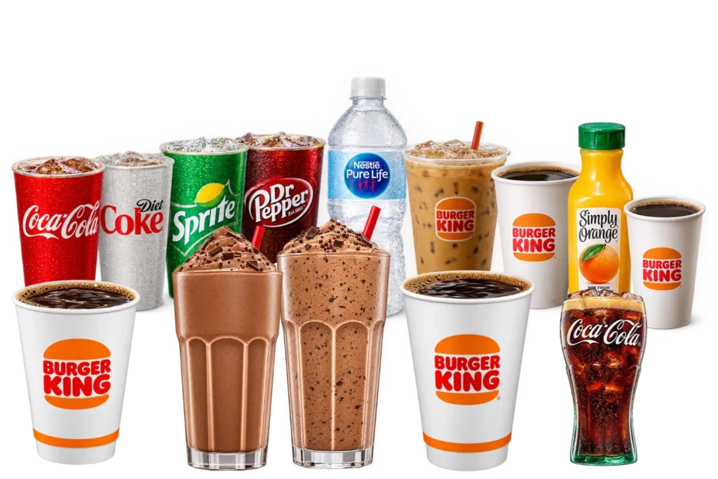 Burger King drinks and coffee menu featuring Coca-Cola, Diet Coke, Sprite, Dr Pepper, iced coffee, brewed coffee, orange juice, bottled water, and shakes.