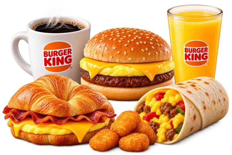 Breakfast menu - sandwiches, burritos, coffee and juice lineup"